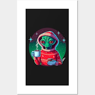 Christmas Funny Alien Wearing Sweater Posters and Art